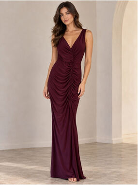 DB Studio Wine Burgundy Ruched V-Neck Maxi Dress Size 4 Wedding Formal Holiday